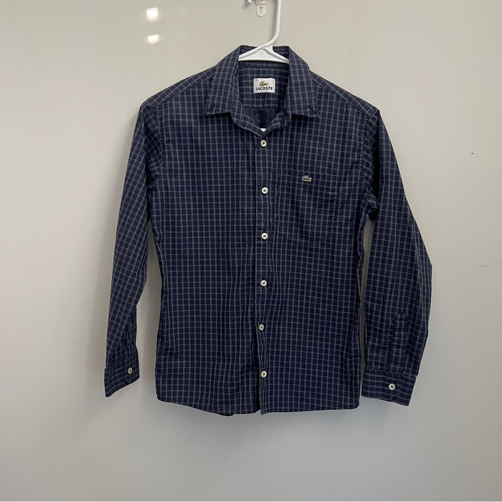Lacoste kids' dark  blue checkered long-sleeve button-down shirt